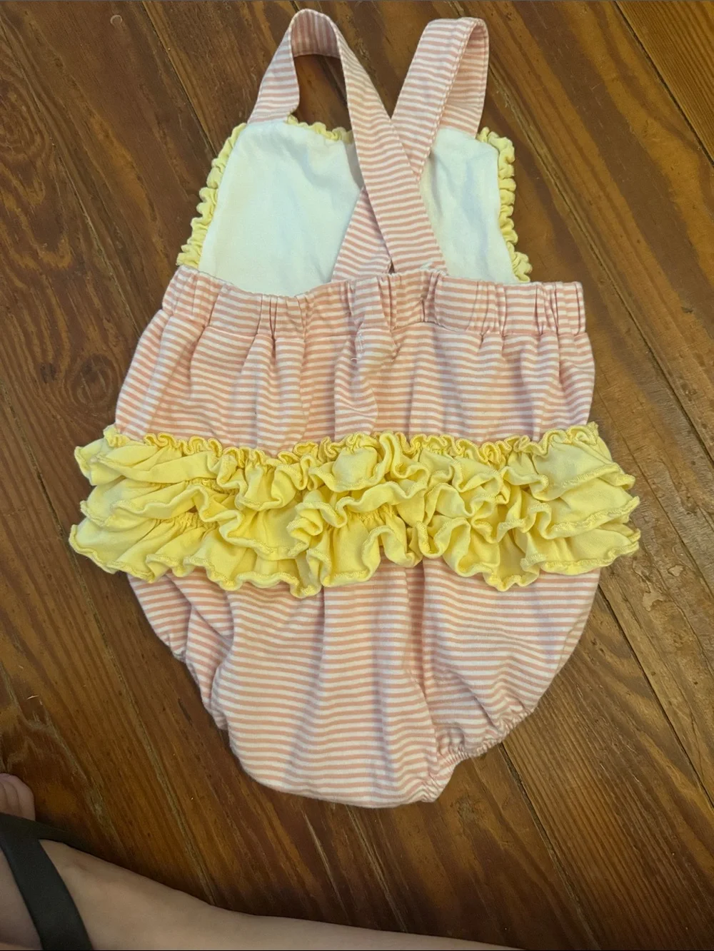 Baby Girl Pink Stripe Cross Appliqué Romper with Yellow Ruffle